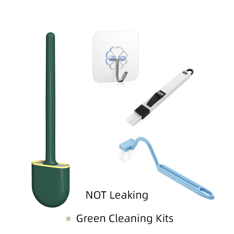 A green silicone toilet brush and wall-mount holder for green cleaning kits.
