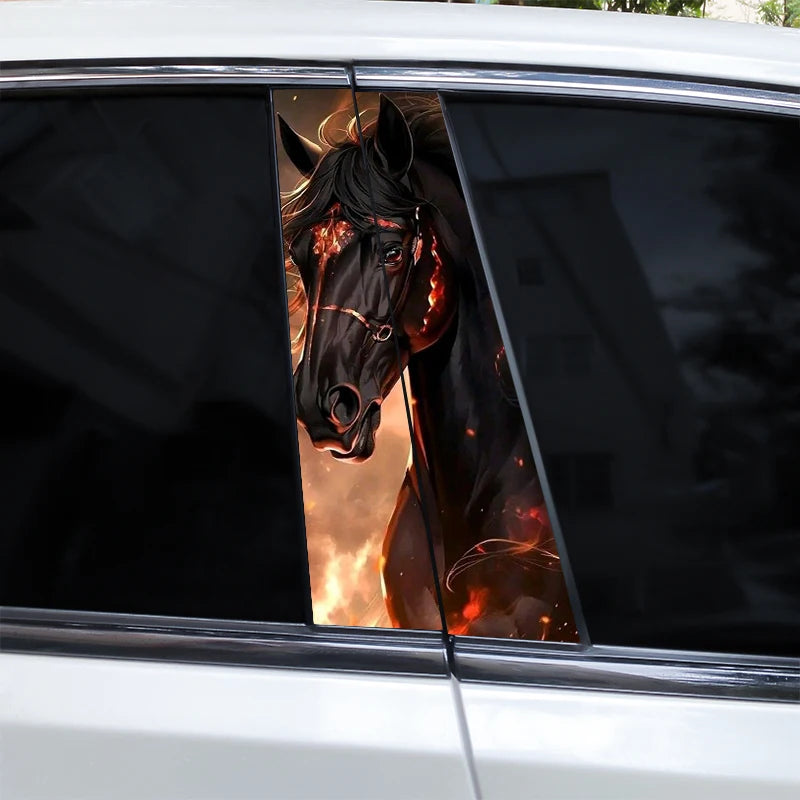 A close-up view through a car window showing a decal of a horse's head with glowing orange and red markings.