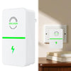 A white energy saving box with a green lightning bolt symbol, plugged into a wall outlet.