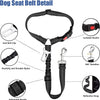 Detail view of a black dog seat belt harness showing various features like the seat belt clip, elastic nylon, adjustable buck