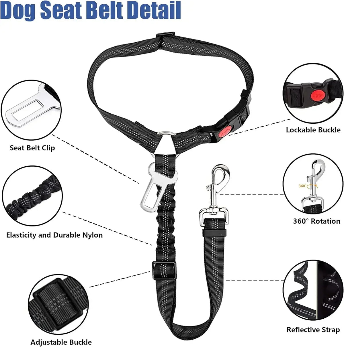 Detail view of a black dog seat belt harness showing various features like the seat belt clip, elastic nylon, adjustable buck