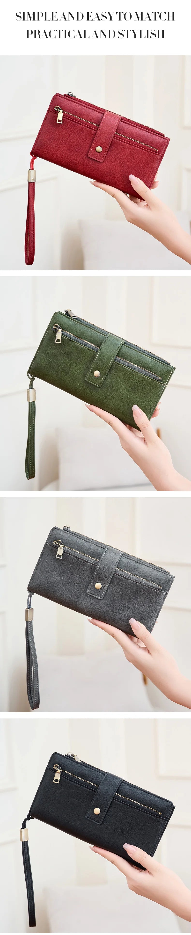 A close-up of a red and green PU leather long wallet being held by a hand.