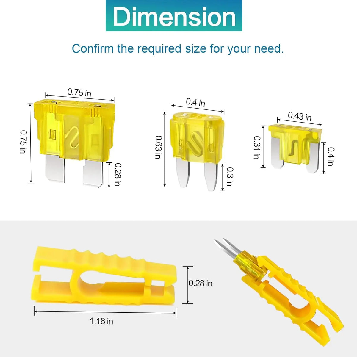 Yellow car fuse assortment kit with puller and circuit tester showing various sizes.
