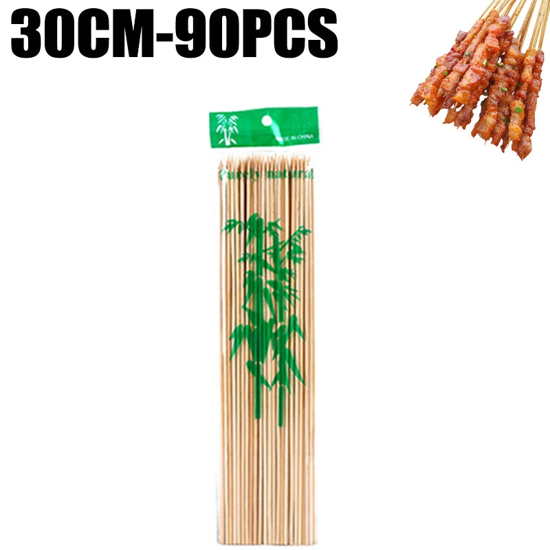 A bundle of 90 natural bamboo skewers for BBQ and grilling, packaged with a green tag.