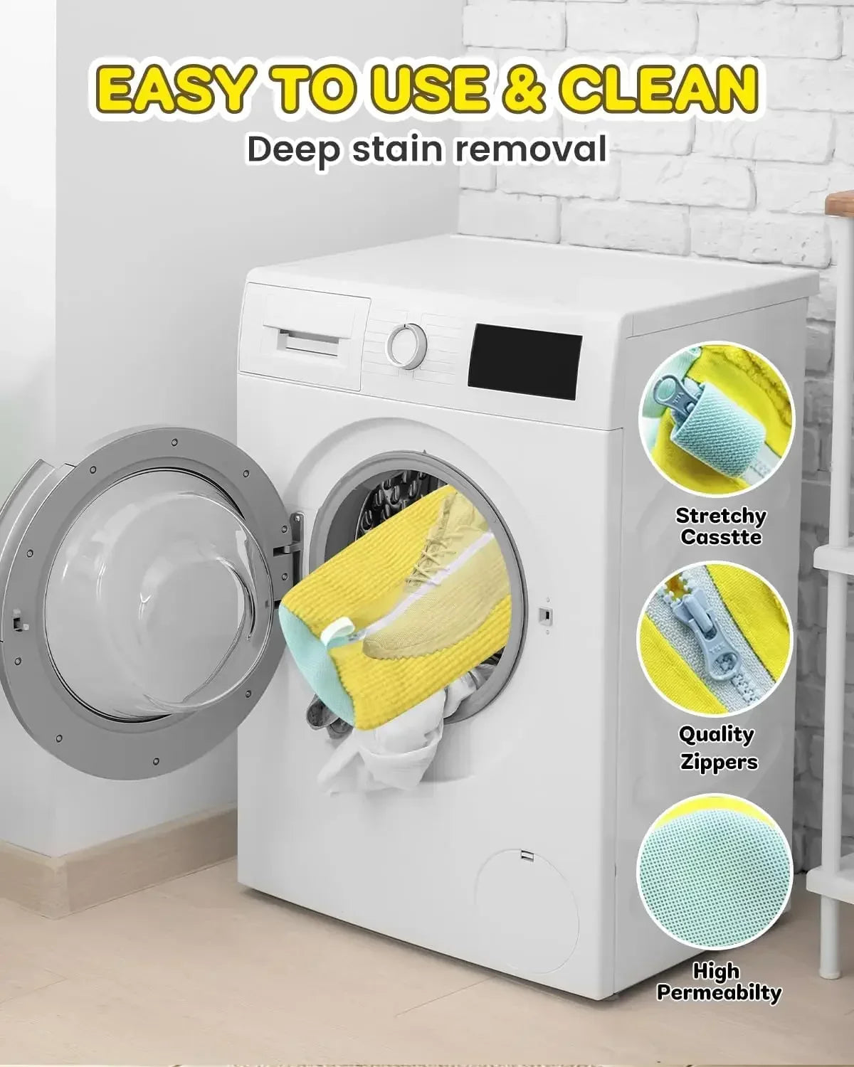 A white washing machine with a removable basket and various cleaning features is shown.