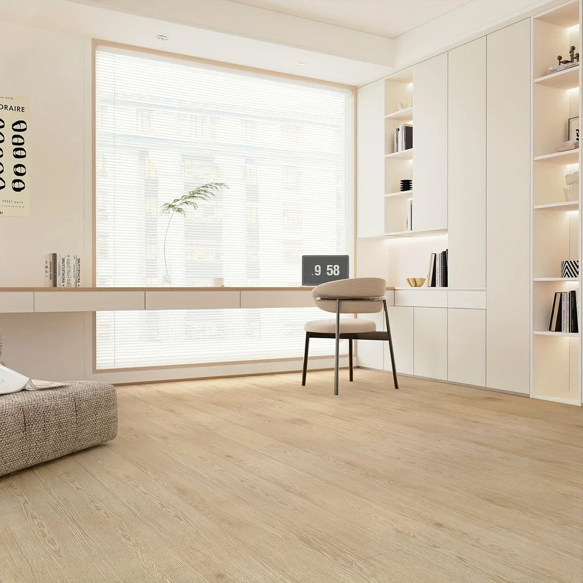 Modern interior with light wood grain vinyl flooring and white built-in cabinets and shelving.