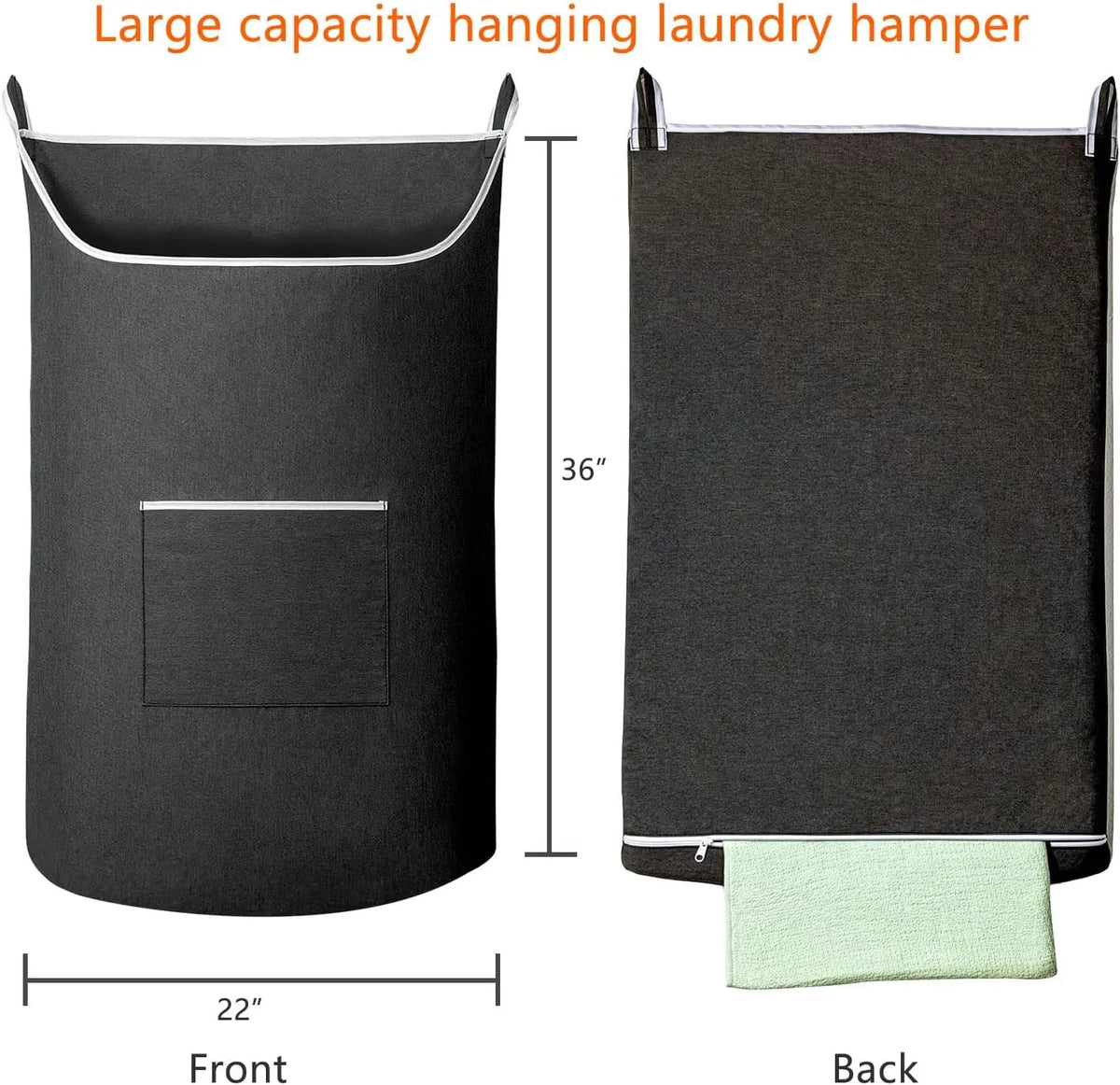 A large capacity hanging laundry hamper shown from the front and back, featuring a door and wall mounts.