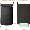A large capacity hanging laundry hamper shown from the front and back, featuring a door and wall mounts.