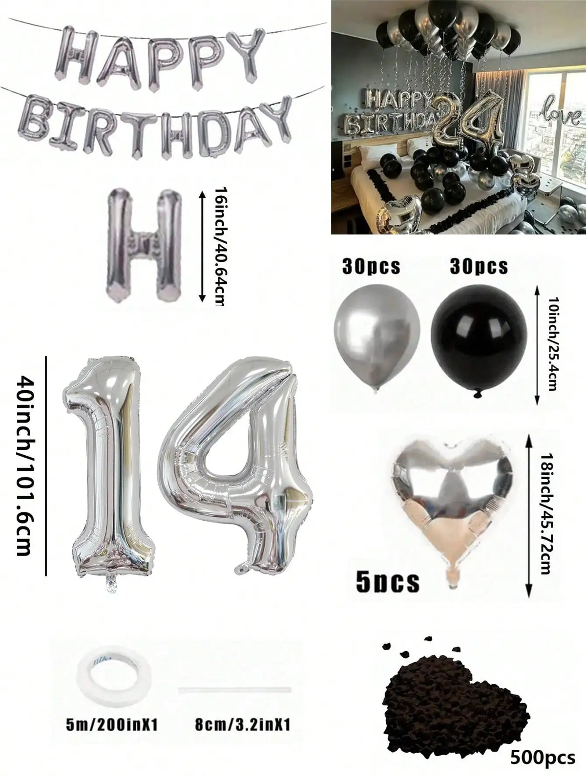A kit featuring silver and black foil balloons, including large numbers, heart shapes, and a bulk of dark brown confetti.