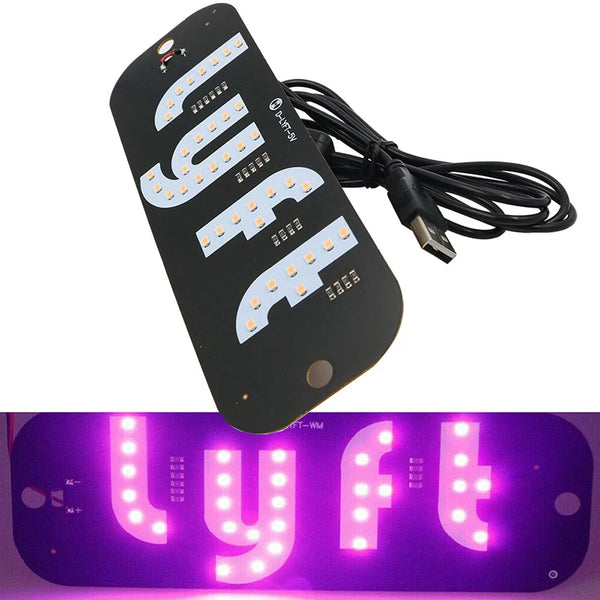 A black USB-powered LED taxi sign with multiple bright white lights is shown alongside its power cord and a purple illuminate