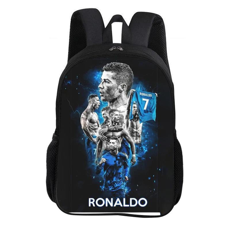 Black backpack featuring a graphic of Cristiano Ronaldo and other soccer players.
