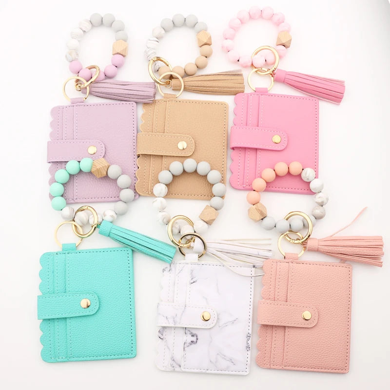 Silicone Bead Bracelet Leather Card Holder Wristlet