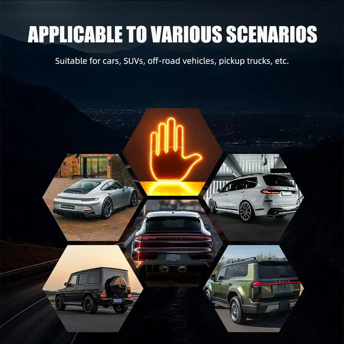 A remote-controlled LED middle finger car light is shown in various vehicle contexts including cars, SUVs, and pickup trucks.