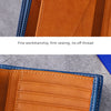 Close-up of an orange leather bifold wallet with blue stitching and a neat layout.