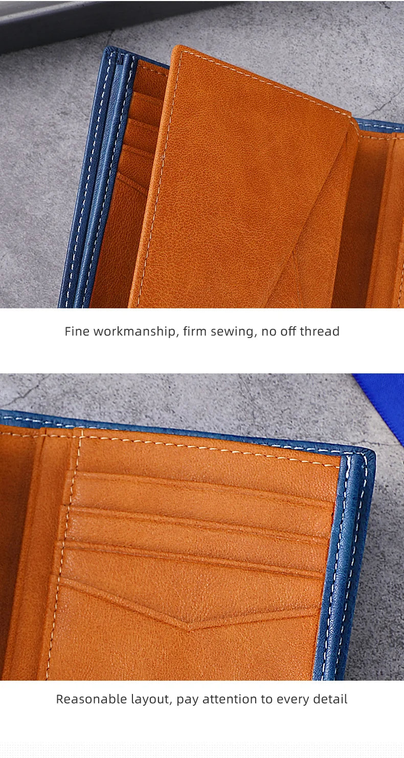 Close-up of an orange leather bifold wallet with blue stitching and a neat layout.