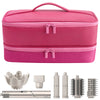 A pink double-layer travel storage bag for hair dryer and accessories shown with various grooming tools.
