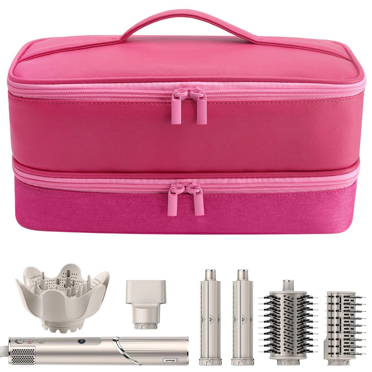 A pink double-layer travel storage bag for hair dryer and accessories shown with various grooming tools.