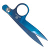 A pair of blue precision titanium-coated tailor shears with a leather sheath.