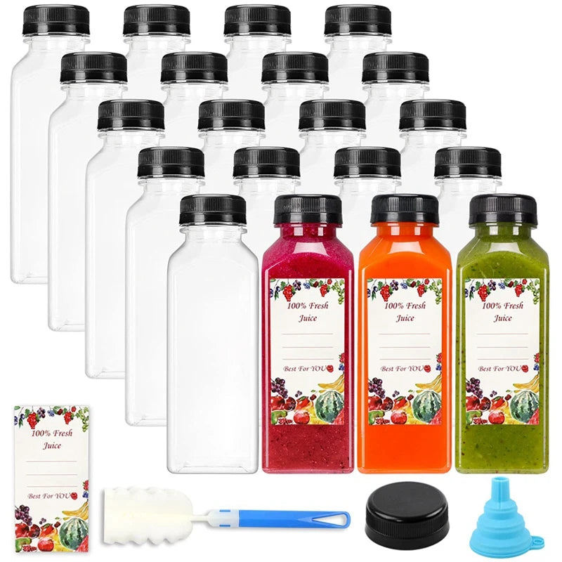 A collection of twenty clear juice bottles filled with various colored juices, including red, orange, and green, along with a