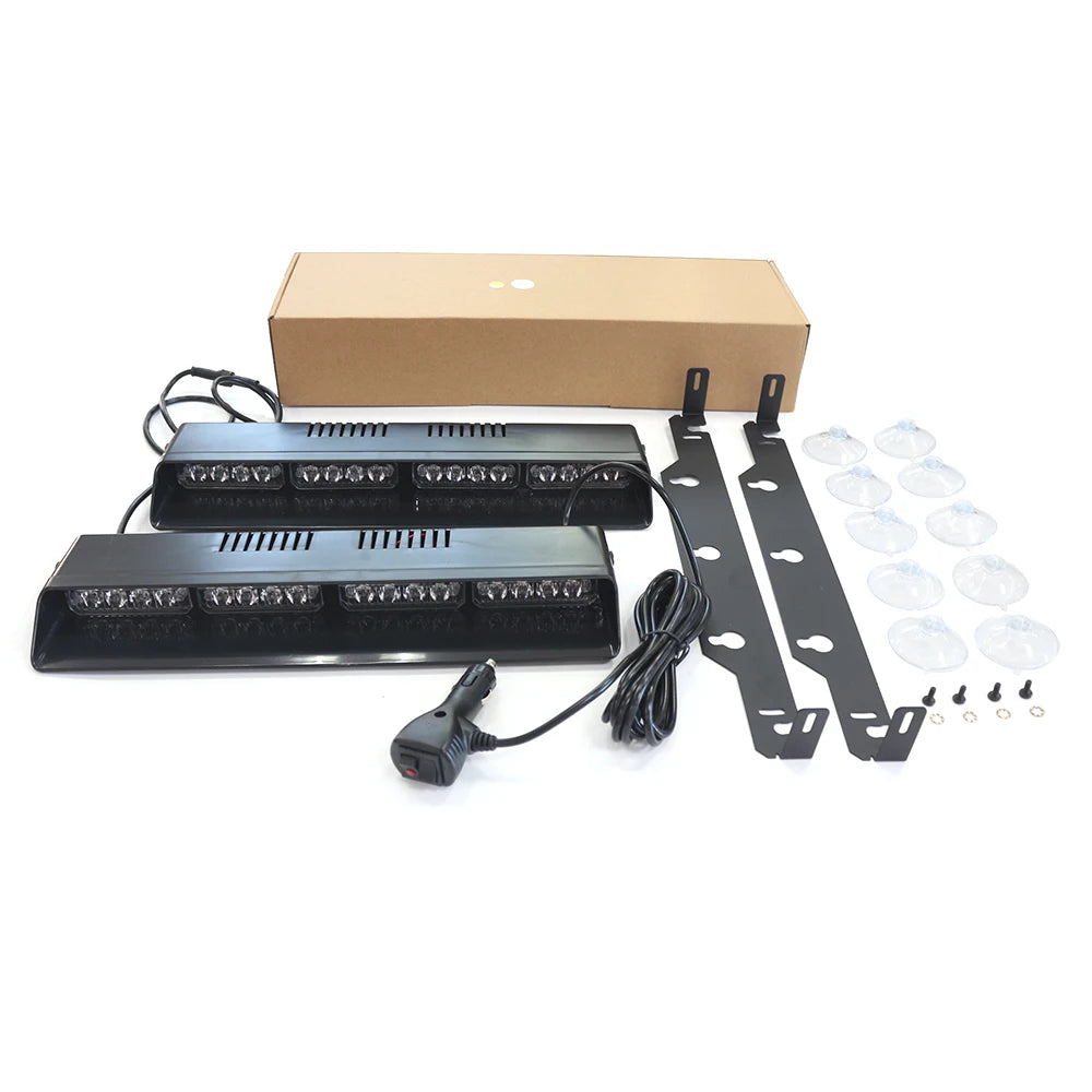 A set of emergency dash strobe lights and related components, including a cardboard box and LED flashers.