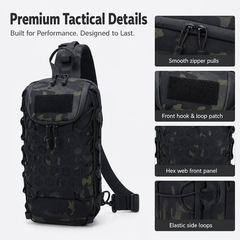 Sac tactique noir avec motif camouflage, montrant diverses fonctionnalités comme tirettes de zip et patchs à crochet