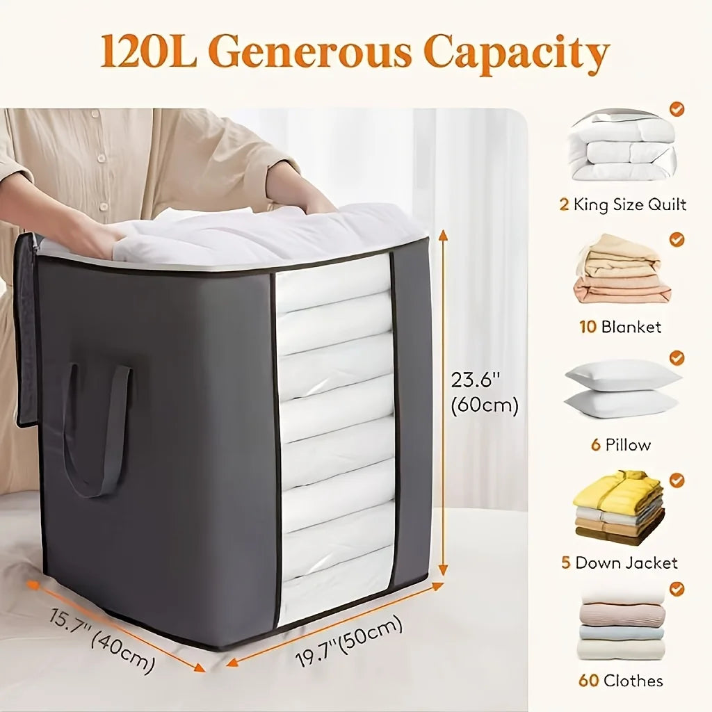 A dark gray foldable storage bag is shown with various bedding and clothing items packed inside, demonstrating its generous c