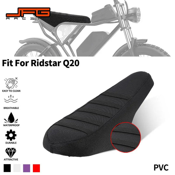 Black waterproof motorcycle seat cover for Ridstar Q20 featuring anti-slip particles and durable PVC material.