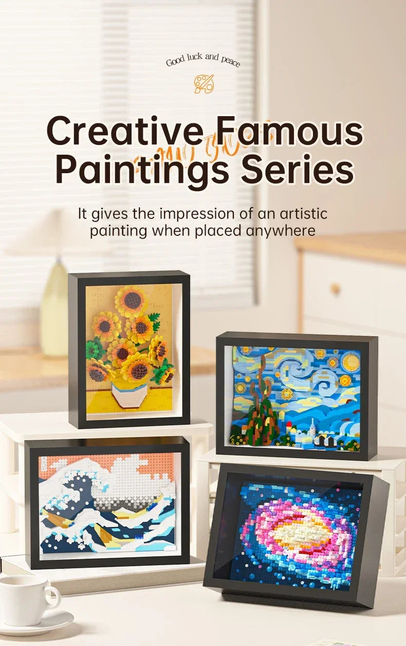 A collection of framed paintings featuring famous art styles like Van Gogh and classic paintings.