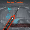 An orange automotive circuit tester with a black probe is shown, illustrating overload protection features.