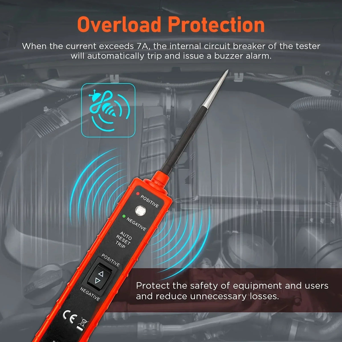 An orange automotive circuit tester with a black probe is shown, illustrating overload protection features.