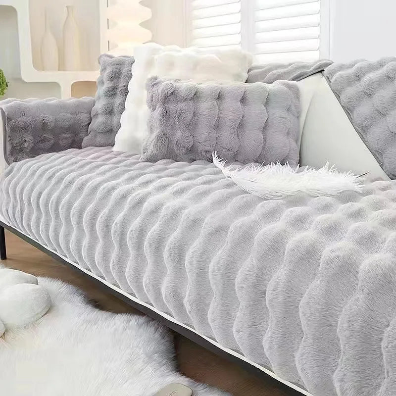 Plush Rabbit-Feel Sofa Cover with Anti-Slip Backing