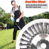 A man is shown using a heavy-duty steel wire wheel brush on a lawnmower or trimmer.