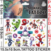 A collection of temporary superhero tattoos featuring Spider-Man and other characters on a sheet.