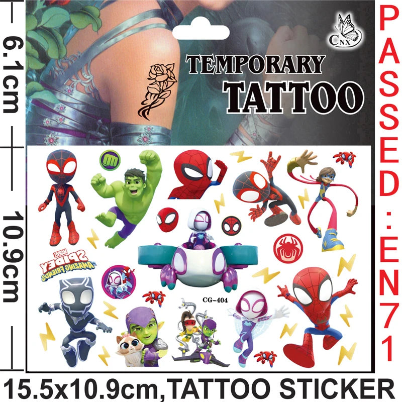 A collection of temporary superhero tattoos featuring Spider-Man and other characters on a sheet.