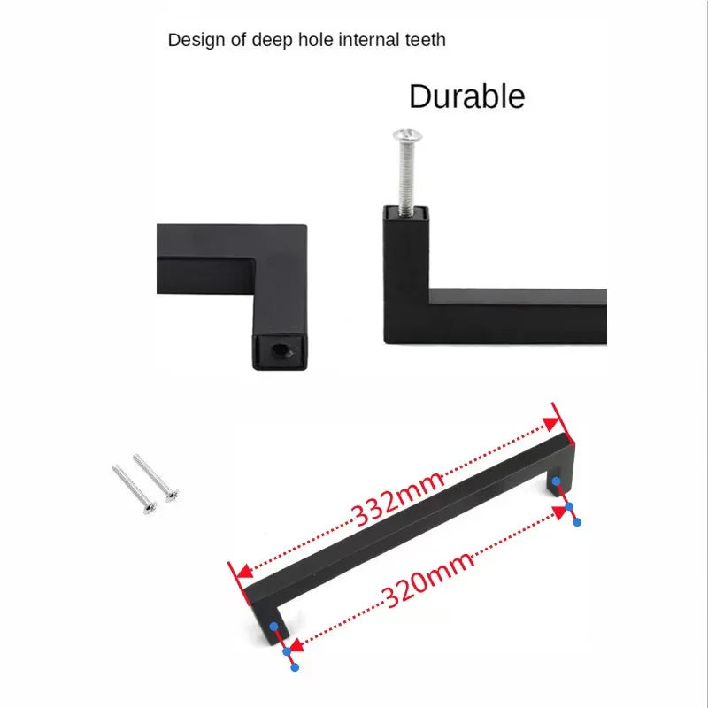Matte black stainless steel cabinet pulls featuring a design for deep hole internal teeth.