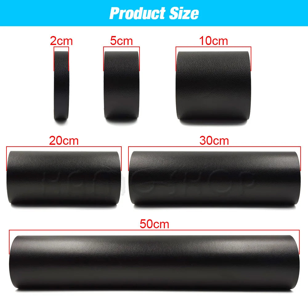 Various sizes of black self-adhesive PU leather repair patches shown in various cylindrical and rectangular shapes.