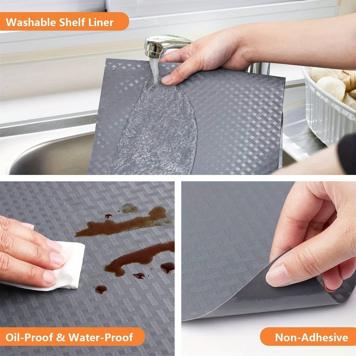 A hand is pouring water onto a gray silicone shelf liner used as an oil-proof and water-proof kitchen cabinet liner.