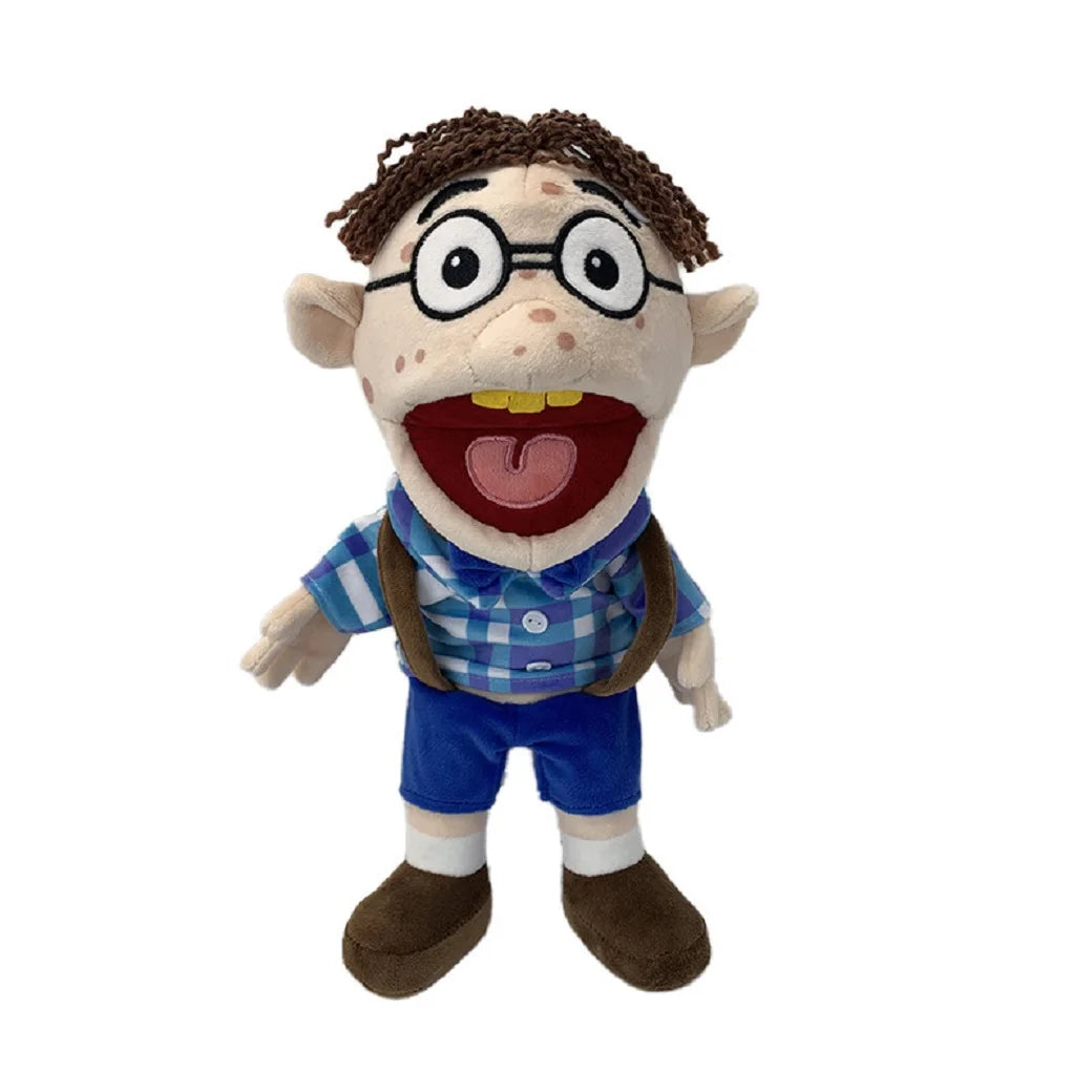 A plush toy of Jeffy, a puppet character with brown hair and glasses, wearing a blue shirt and blue pants.
