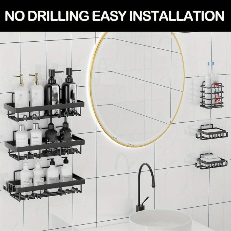 Black adhesive wall-mounted shower shelves for bathroom organization with a circular mirror visible.
