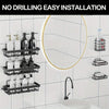 Black adhesive wall-mounted shower shelves for bathroom organization with a circular mirror visible.