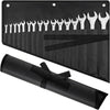 Black roll-up organizer featuring sixteen metal wrenches arranged in rows for tool storage