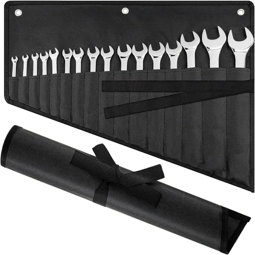 Black roll-up organizer featuring sixteen metal wrenches arranged in rows for tool storage