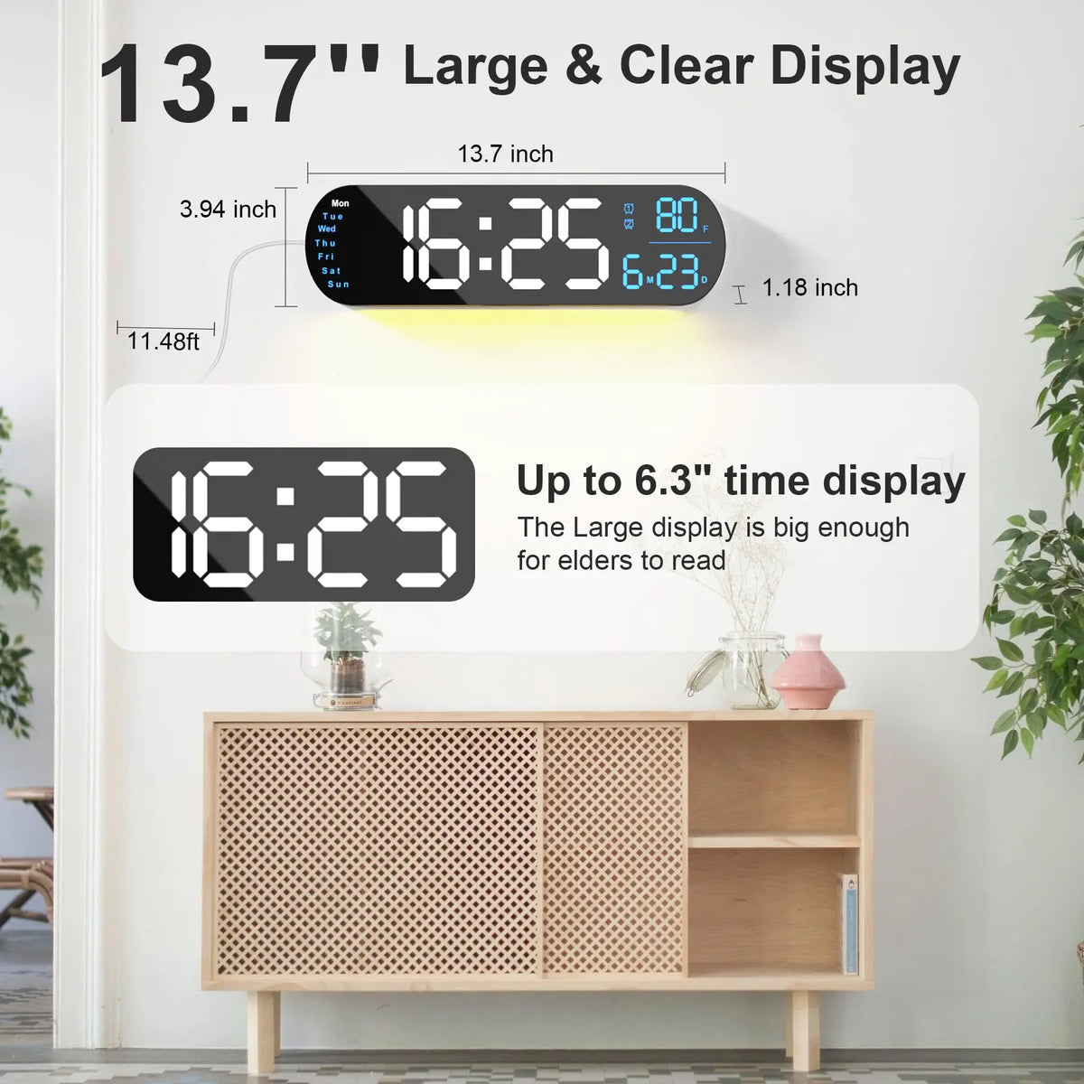A large digital wall clock displaying 16:25, mounted on a white wall.