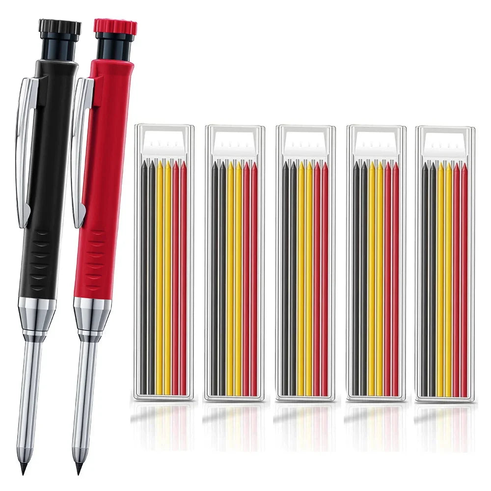 A set of black and red solid wood carpenter's mechanical pencils displayed in a row.