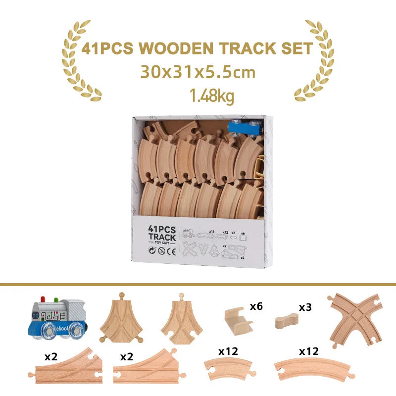 A set of 41 pieces of wooden track for trains, including various track sections and components.