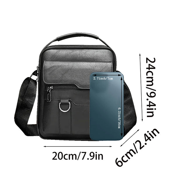 Schwarze Herren-PU-Crossbody-Tasche mit Maßen und einem separaten blauen Kartenetui.
