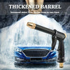 A black high-pressure car wash gun is shown spraying water onto a blue car, demonstrating thickened barrel technology.