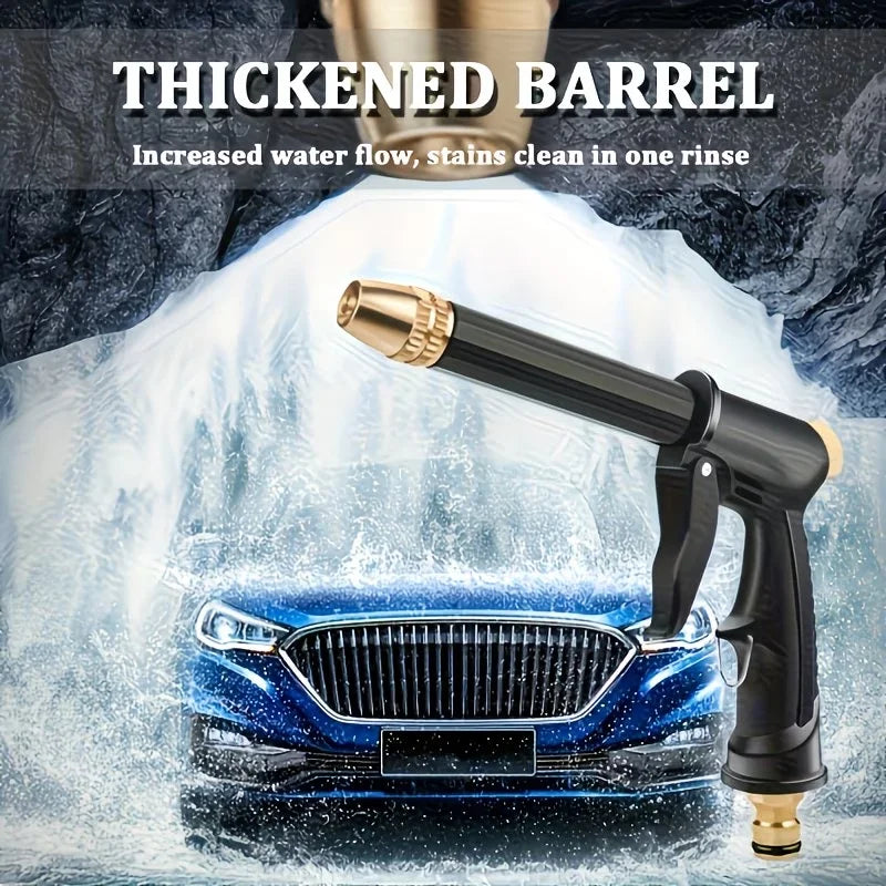 A black high-pressure car wash gun is shown spraying water onto a blue car, demonstrating thickened barrel technology.