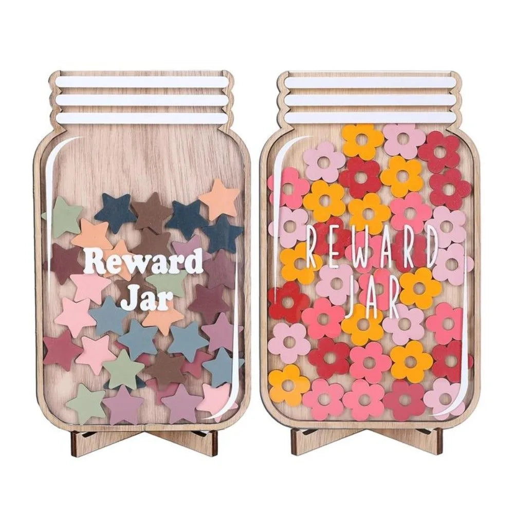 A wooden jar filled with colorful wooden flowers and stars used as a reward jar for positive behavior.