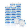 A stack of disposable toilet wand refills with built-in cleaner in blue and white stripes.